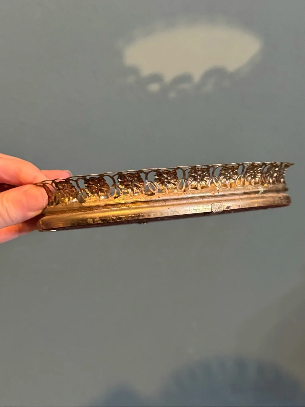 Vintage Metal Vanity Mirror Tray with built-in Lipstick Holder Hollywood Regency